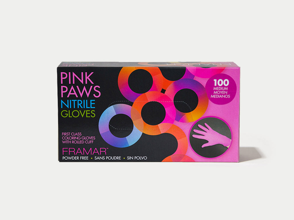 Framar Pink Paws Black 100 Pack Size Medium, Framar Stockist NZ, Framar Colour Gloves, Pink Disposable Hairdressing Gloves, Salon Essentials, NZ Salon Supplies