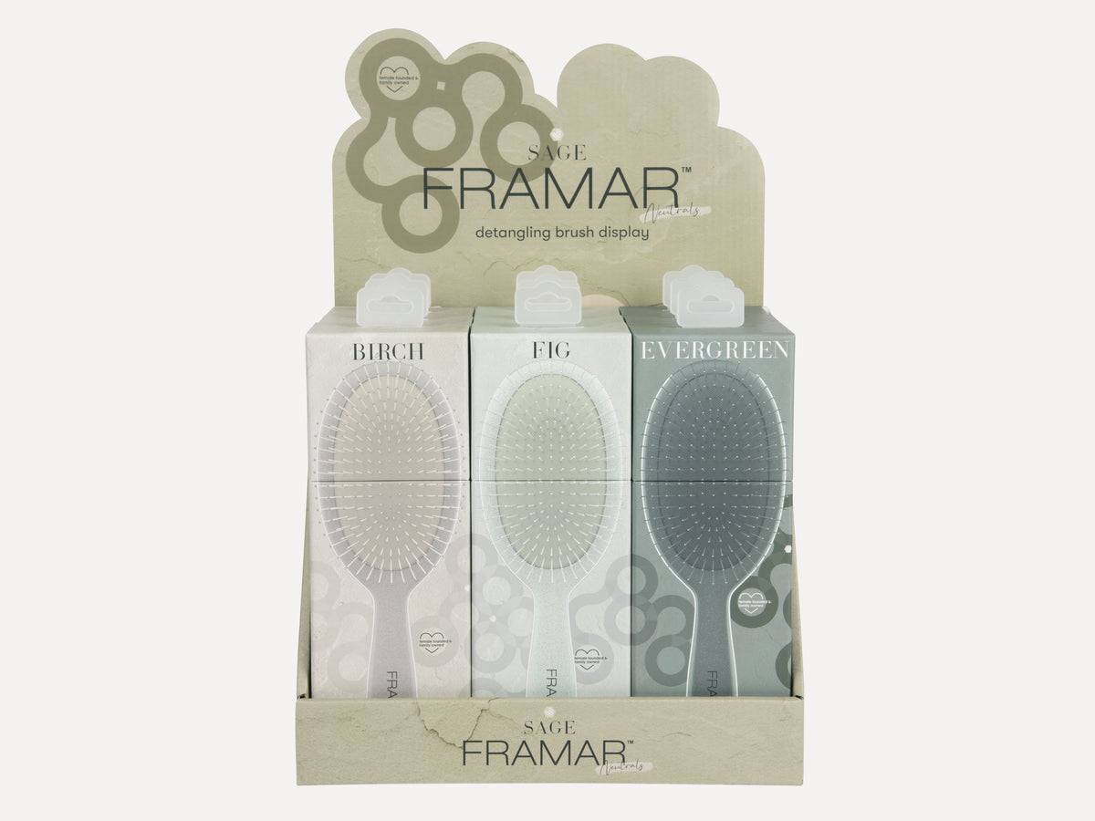 Framar Detangle 9 Piece Brush Display - Neutrals Sage, Framar Wet And Dry Hair Brush, Salon Retail Brush Display, Detangle Brush, Great For Hair Extensions, Kids Detangling Hair Brush, Wet Brush, Salon Essentials, NZ Salon Supplies, Authorized Framar Stockist NZ