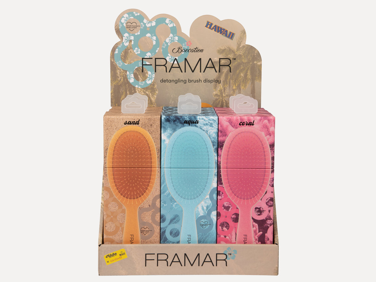 Framar Detangle 9 Piece Brush Display - Baecation, Framar Wet And Dry Hair Brush, Salon Retail Brush Display, Detangle Brush, Great For Hair Extensions, Kids Detangling Hair Brush, Wet Brush, Salon Essentials, NZ Salon Supplies, Authorized Framar Stockist NZ