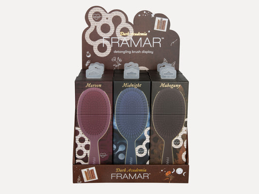 Framar Salon Detangling Brush Display 9 Piece Dark Academia, Dark Academia Brushes - 3 Maroon + 3 Midnight + 3 Mahogany