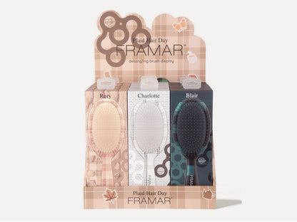Framar Detangle 9 Piece Brush Display - Plaid Hair Day, Salon Retail Brush Display With 3 Of Each Style/Pattern Brush 