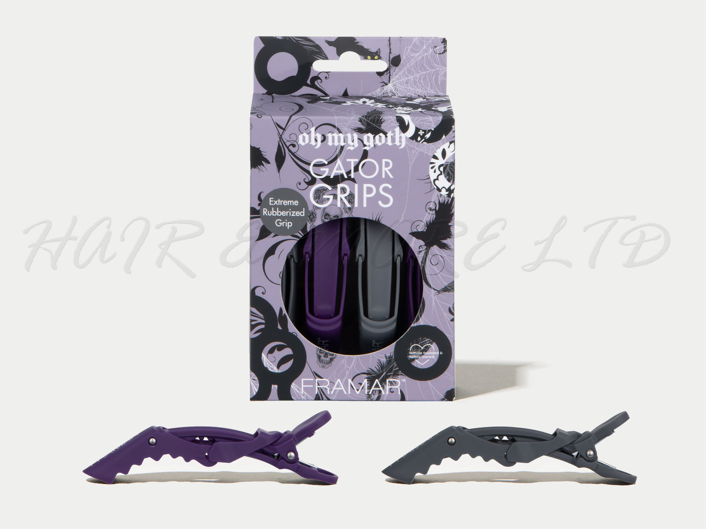 Framar Gator Grips Sectioning Clips 4 Pack Oh My Goth Grey And Purple, Framar Stockist NZ, Framar Gator Clips, Framar Oh My Goth, Framar Limited Edition, Salon Essentials, NZ Salon Supplies