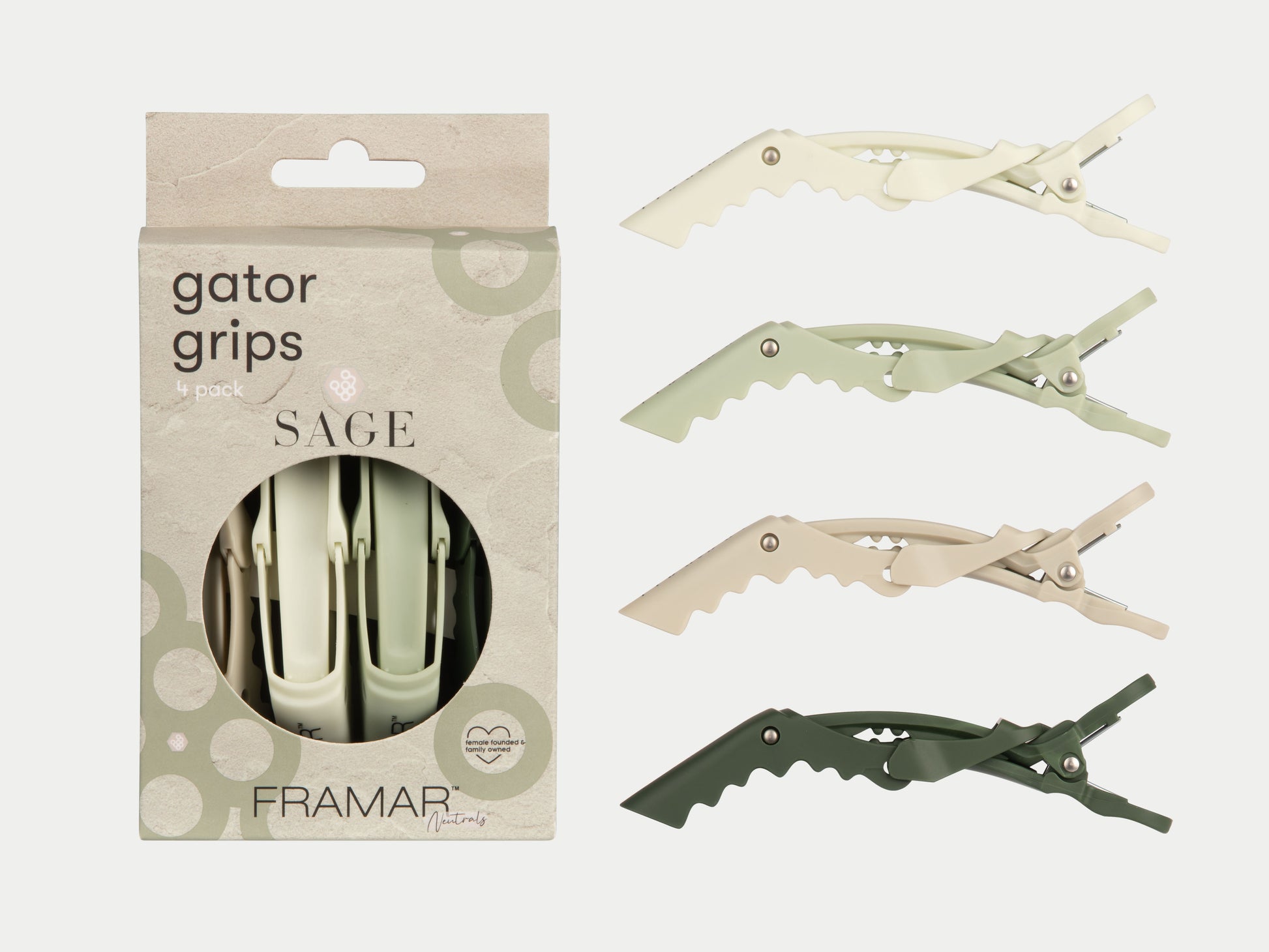 Framar Gator Grips Sectioning Clips 4 Pack Sage Neutral Beiges & Greens, Framar Stockist NZ, Framar Gator Clips, Framar Sage, Framar Limited Edition, Salon Essentials, NZ Salon Supplies