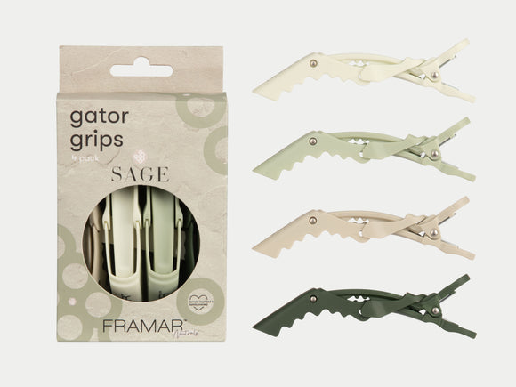 Framar Gator Grips Sectioning Clips 4 Pack Sage Neutral Beiges & Greens, Framar Stockist NZ, Framar Gator Clips, Framar Sage, Framar Limited Edition, Salon Essentials, NZ Salon Supplies