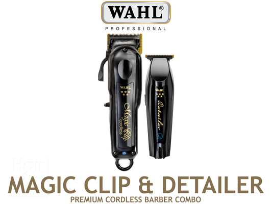 Wahl Professional 5 Star Magic Clip Cordless Clipper + Detailer Li Combo In Black With Gold DLC Blades, Hair Clippers,  Wahl Magic Clip With Stagger Tooth Crunch Blade, Magic Clip Clipper Perfect For Fades & Blending, Limited Edition Black Professional Clipper & Trimmer, Authorized Wahl Stockist NZ