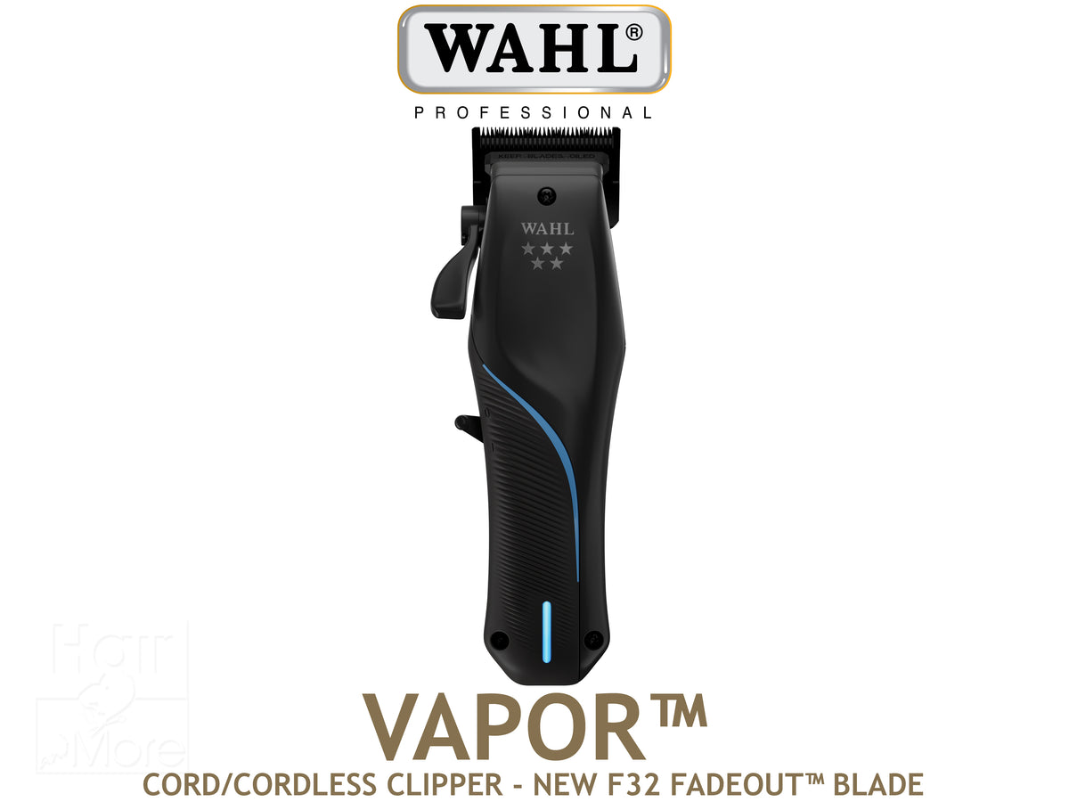 Wahl Professional 5 Star Vapor Cordless Clipper With New F32 Fadeout Blade, Wahl Vapor Clipper, Hair Clippers, Vapor Clipper Featuring F32 Precision Blades - Go From Bald To Fade - 32 Ball Pointed Teeth For Close Comfortable Cuts, More Power Less Weight At 280g, 2.5 Hours Cordless Run Time, Sleek Looking Clipper in Black With Blue Detail, Authorized Wahl Stockist NZ
