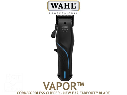 Wahl Professional 5 Star Vapor Cordless Clipper With New F32 Fadeout Blade, Wahl Vapor Clipper, Hair Clippers, Vapor Clipper Featuring F32 Precision Blades - Go From Bald To Fade - 32 Ball Pointed Teeth For Close Comfortable Cuts, More Power Less Weight At 280g, 2.5 Hours Cordless Run Time, Sleek Looking Clipper in Black With Blue Detail, Authorized Wahl Stockist NZ