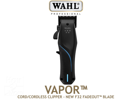 Wahl Professional 5 Star Vapor Cordless Clipper With New F32 Fadeout Blade, Wahl Vapor Clipper, Hair Clippers, Vapor Clipper Featuring F32 Precision Blades - Go From Bald To Fade - 32 Ball Pointed Teeth For Close Comfortable Cuts, More Power Less Weight At 280g, 2.5 Hours Cordless Run Time, Sleek Looking Clipper in Black With Blue Detail, Authorized Wahl Stockist NZ