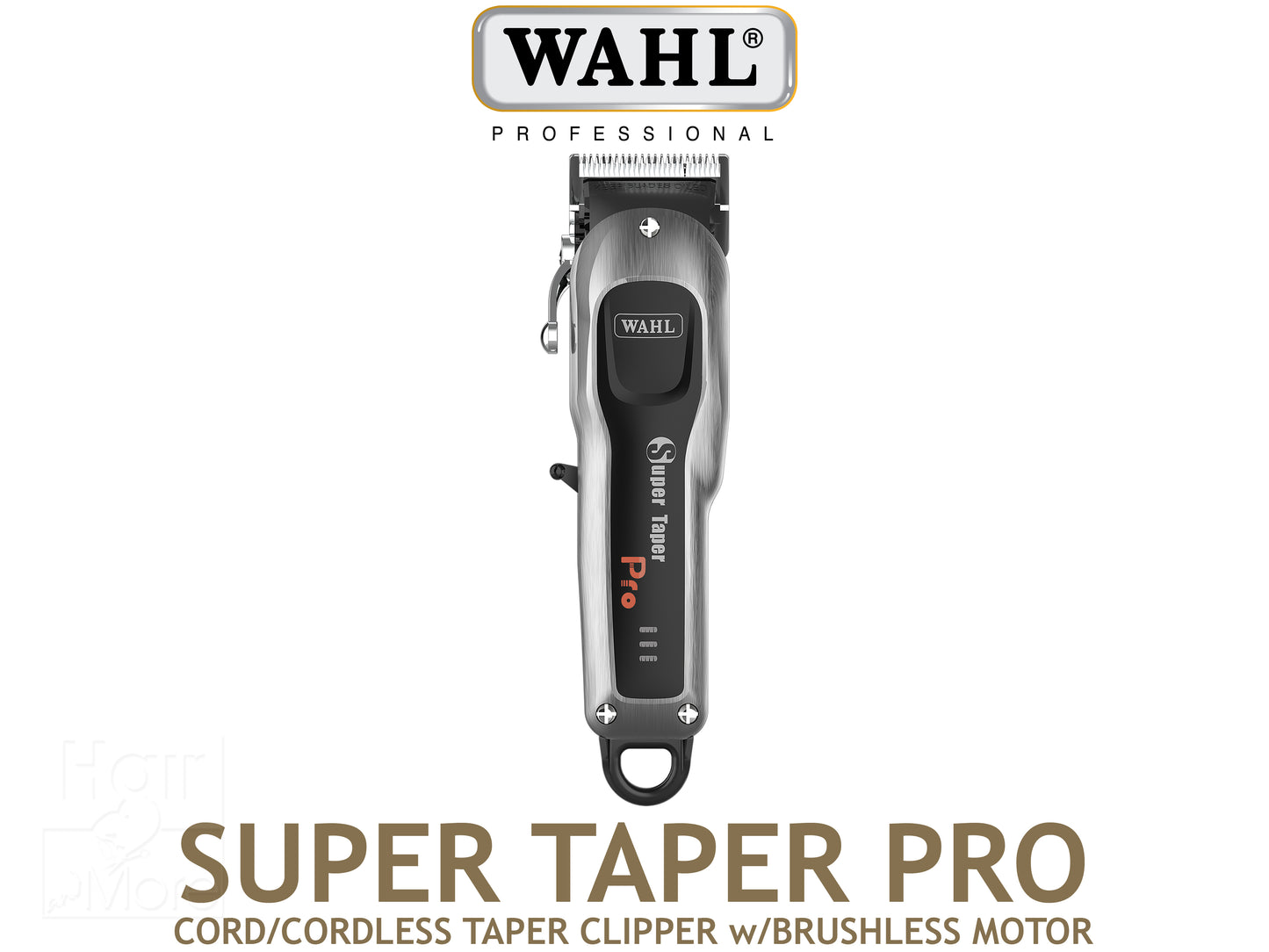 Wahl Professional Super Taper Pro Cordless Clipper With Brushless Motor, Hair Clipper, Wahl Super Taper Pro Clipper, Super Taper Pro Featuring 4 Hour Run Time - 5,800 RPM Brushless Motor - 3 Phase Charge Level Indicator - Chrome Plated Taper Blades, Super Taper Pro Includes 6 Clipper Attachments + Flat Cutting Comb + Charging Transformer + Cleaning Brush & Oil, Sleek Looking Clipper in Brushed Grey and Black, Authorized Wahl Stockist NZ