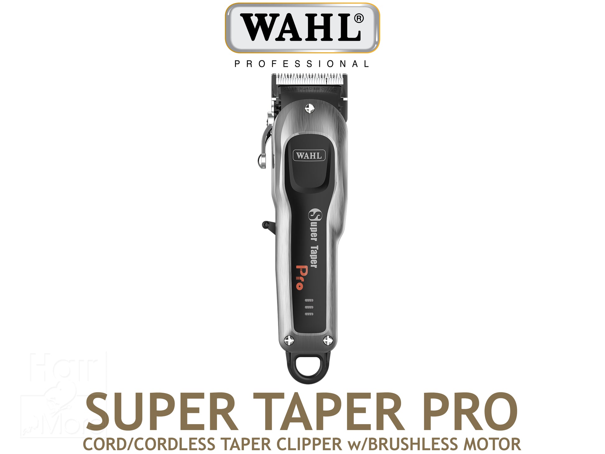 Wahl Professional Super Taper Pro Cordless Clipper With Brushless Motor, Hair Clipper, Wahl Super Taper Pro Clipper, Super Taper Pro Featuring 4 Hour Run Time - 5,800 RPM Brushless Motor - 3 Phase Charge Level Indicator - Chrome Plated Taper Blades, Super Taper Pro Includes 6 Clipper Attachments + Flat Cutting Comb + Charging Transformer + Cleaning Brush & Oil, Sleek Looking Clipper in Brushed Grey and Black, Authorized Wahl Stockist NZ