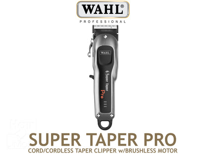 Wahl Professional Super Taper Pro Cordless Clipper With Brushless Motor, Hair Clipper, Wahl Super Taper Pro Clipper, Super Taper Pro Featuring 4 Hour Run Time - 5,800 RPM Brushless Motor - 3 Phase Charge Level Indicator - Chrome Plated Taper Blades, Super Taper Pro Includes 6 Clipper Attachments + Flat Cutting Comb + Charging Transformer + Cleaning Brush & Oil, Sleek Looking Clipper in Brushed Grey and Black, Authorized Wahl Stockist NZ