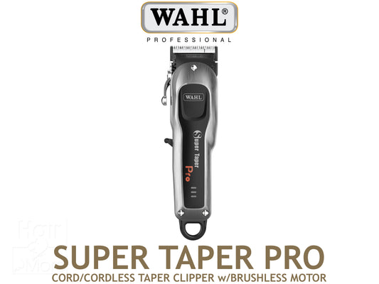 Wahl Professional Super Taper Pro Cordless Clipper With Brushless Motor, Hair Clipper, Wahl Super Taper Pro Clipper, Super Taper Pro Featuring 4 Hour Run Time - 5,800 RPM Brushless Motor - 3 Phase Charge Level Indicator - Chrome Plated Taper Blades, Super Taper Pro Includes 6 Clipper Attachments + Flat Cutting Comb + Charging Transformer + Cleaning Brush & Oil, Sleek Looking Clipper in Brushed Grey and Black, Authorized Wahl Stockist NZ