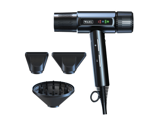 Wahl Vanquish T Shapes Hair Dryer Black, Wahl Vanquish Professional Dryer With Flow-Control Technology Weighs Only 340g, Vanquish Dryer Includes 2 Magnetic Concentrator Nozzles And A Diffuser, LED Screen Displays 4 Speed And 3 Heat Settings, Wahl Vanquish Features An Auto-Clean Function, Official Wahl Stockist NZ, Wahl AU/NZ Authorized Distributor, Professional Salon And Barber Supplies NZ