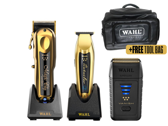 WAHL Professional Gold Magic Clip, Gold Detailer LI & Vanish Shaver Combo w/Free Tool Bag