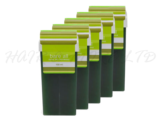 Bare All Warm/Strip Wax Cartridge 100ml - Olive Oil x 5, Warm Wax For Hair Removal - Ideal For Larger Areas Like Legs And Arms, Wax Strips Required For Use, Best Heated In A Wax Cartridge Heater For Even Heating, Roll On Wax, Professional Hair And Beauty Supplies NZ, Salon Supplies NZ