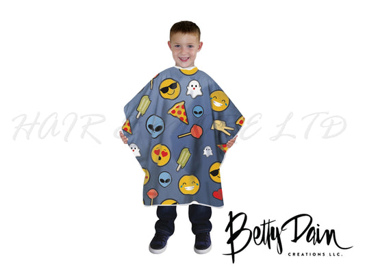 Betty Dain Kids Vinyl Cutting/Colouring Cape - Social, Water Proof & Stain Resistant Hairdressing Colouring/Cutting Cape Black - Soft Nylon Neckband With Velcro Closure For Client Comfort, Hairdressing Kids Cape With Emoji Pattern, NZ Professional Barber Supplies, NZ Salon Suppliers