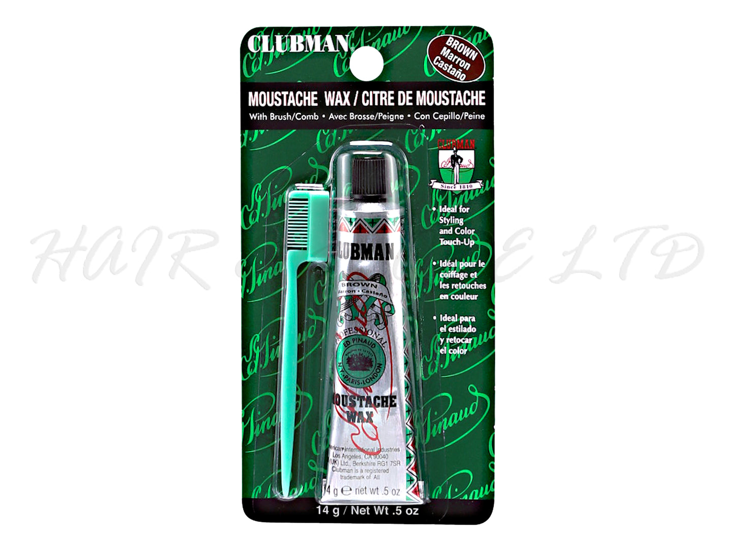 Clubman Mustache Wax with Comb/Brush 14g  - Brown