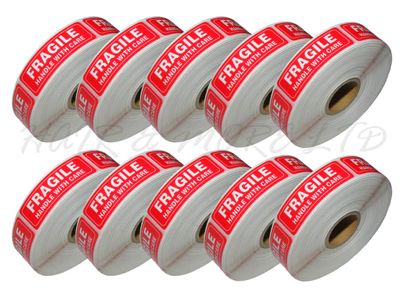FRAGILE HANDLE WITH CARE STICKERS - 10 ROLLS OF 500