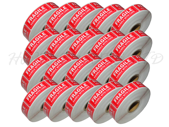 FRAGILE HANDLE WITH CARE STICKERS - 20 ROLLS OF 500