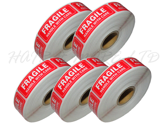 FRAGILE HANDLE WITH CARE STICKERS - 5 ROLLS OF 500