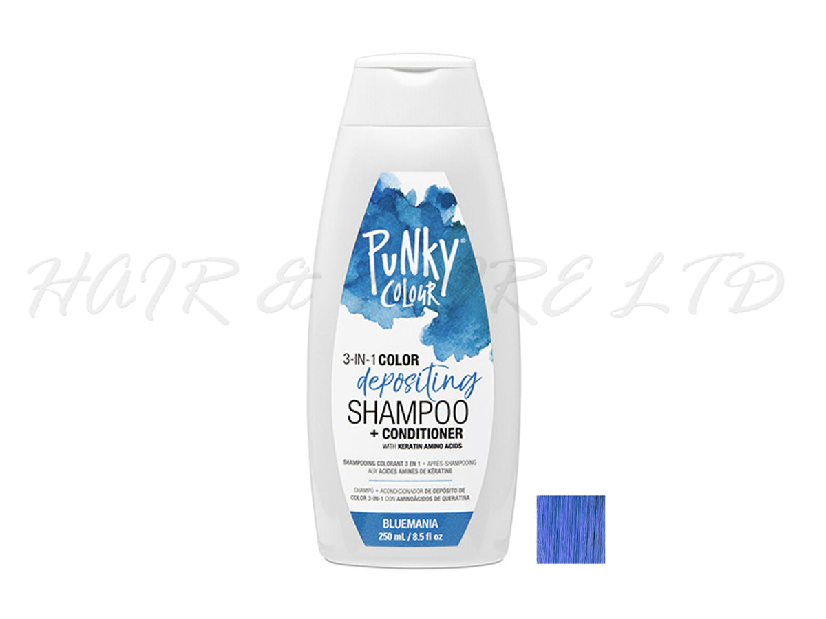 Punky Colour 3 In 1 Colour Depositing Shampoo + Conditioner 250ml - Bluemania Colour, Blue Hair Colour Depositing Shampoo & Conditioner In One, Freshen Up Hair Colour In One Step, Add Temporary Funky Colour To Light And Blonde Hair, Hair Colour Maintenance, Adds Colour & Shine To Hair, Professional Hair And Beauty Supplies, NZ Salon Supplies