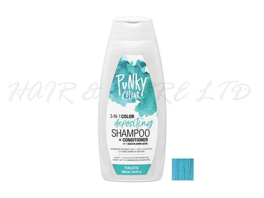 Punky Colour 3 In 1 Colour Depositing Shampoo + Conditioner 250ml - Tealistic Colour, Teal/Turquoise Hair Colour Depositing Shampoo & Conditioner In One, Freshen Up Hair Colour In One Step, Add Temporary Funky Colour To Light And Blonde Hair, Hair Colour Maintenance, Adds Colour & Shine To Hair, Professional Hair And Beauty Supplies, NZ Salon Supplies