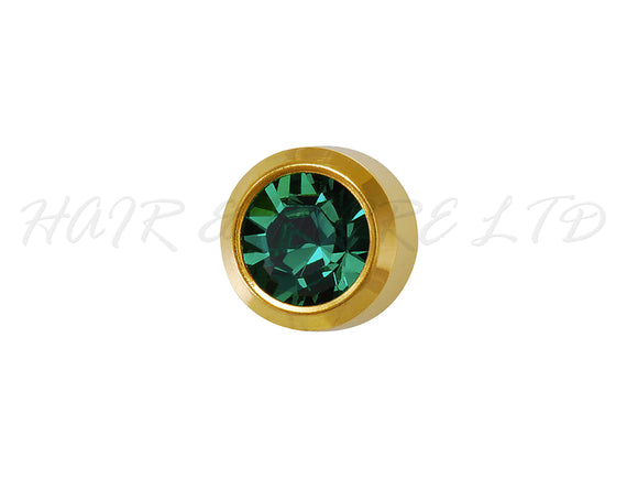 Studex Gold Plated Stainless Steel Round Stud Earrings - May With Emerald Cubic Zirconia 3mm - 1 Pair, Studex Earings Dark Green Cubic Zirconia, Studex Brand Earrings, Medical Grade Stainless Steel Earrings With 24 Karat Gold Coating, Pre-Sterilized + Allergy Free Earrings, NZ Beauty Supplies, NZ Salon Supplies, Great Salon & Pharmacy Retail Item