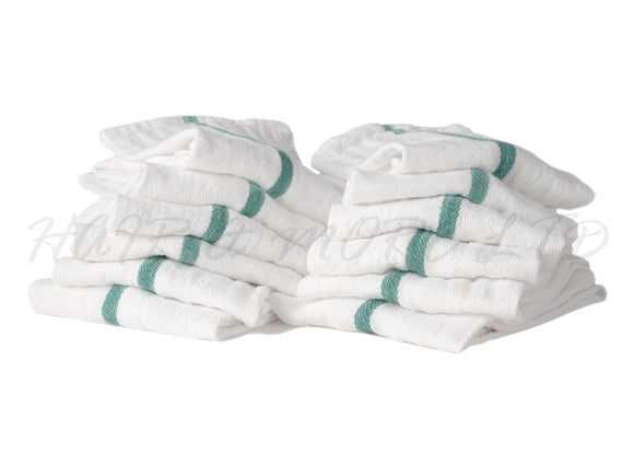 Barber Towels - White with Green Stripe 38cm x 66cm, 12 Pack