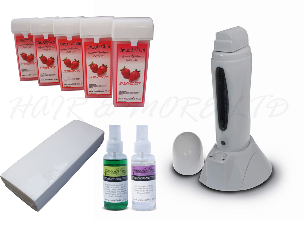 Professional Hot Wax Starter Kit Includes Wax Cartridge Heater + 5 x 100ml Wax Cartridges + 7cm x 20cm 100 Pack Wax Strips + Pre-Wax And After-Wax Sprays, Leg Wax, Ideal Wax Kit For DIY Waxing & Professional Use, Warm/Depilatory/Strip Wax Best For Arms, Legs, Back and Chest, NZ Professional Hair And Wax Suppliers 