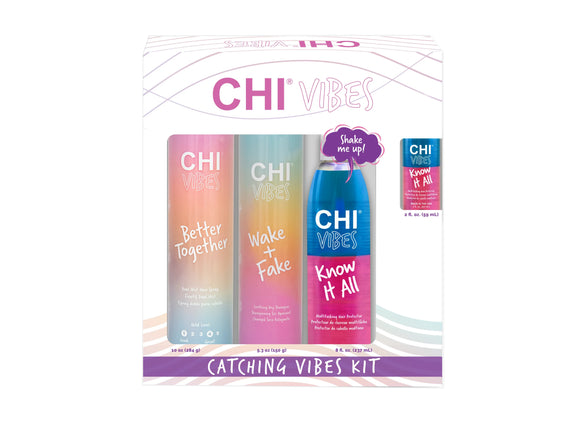 CHI Vibes Catching Vibes Hair Care Kit Including Better Together Dual Hair Spray, Wake + Fake Soothing Dry Shampoo Know It All Multi Tasking Hair Protector in 237ml and Bonus 59ml, Chi Vibes 4 Piece Hair Care Gift Set, Chi Gift Pack, Chi Vibes Hair Styling Gift Pack, Official Chi Stockist NZ, NZ Hair And Beauty Supplies, NZ Salon Supplies