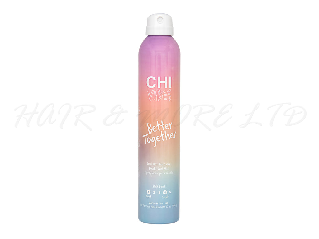 Chi Vibes Better Together Dual Hair Spray 284g, Chi Vibes Hair Spray With 'Good' Factor 1 Hold & 'Great' Factor 4 Hold, Twist The Nozzle To Adjust Hold Factor Of Hair Spray, Official Chi Stockist NZ, NZ Hair And Beauty Supplies, NZ Salon Supplies
