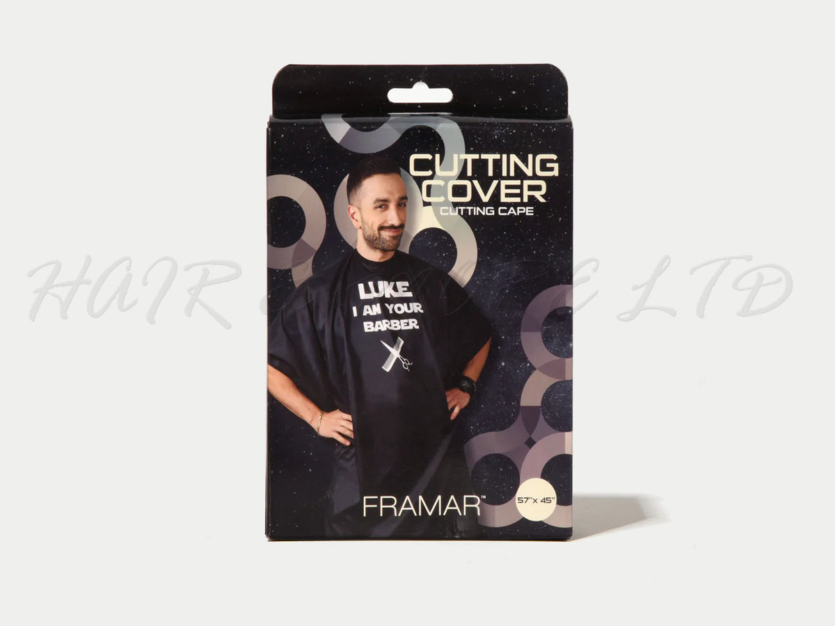 Framar Cutting Cover Cape - "Luke, I Am Your Barber" Black, Hairdressing/Barber Cutting Cape Black, Cutting Cape With Snap Closure, Framar For Hairdressers, Framar Stockist NZ, NZ Professional Barber Supplies, NZ Salon Suppliers