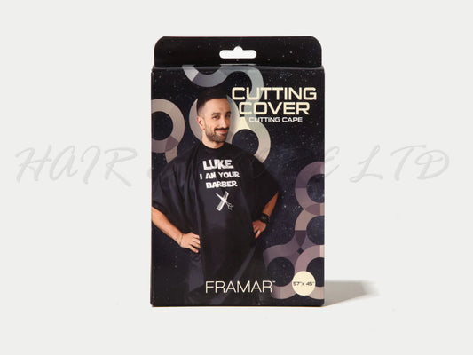 Framar Cutting Cover Cape - "Luke, I Am Your Barber" Black, Hairdressing/Barber Cutting Cape Black, Cutting Cape With Snap Closure, Framar For Hairdressers, Framar Stockist NZ, NZ Professional Barber Supplies, NZ Salon Suppliers